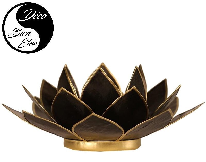 Photophore Fleur de Lotus Sculptée à Base Coquilles Capiz Couleur Noire avec Bordures Dorées