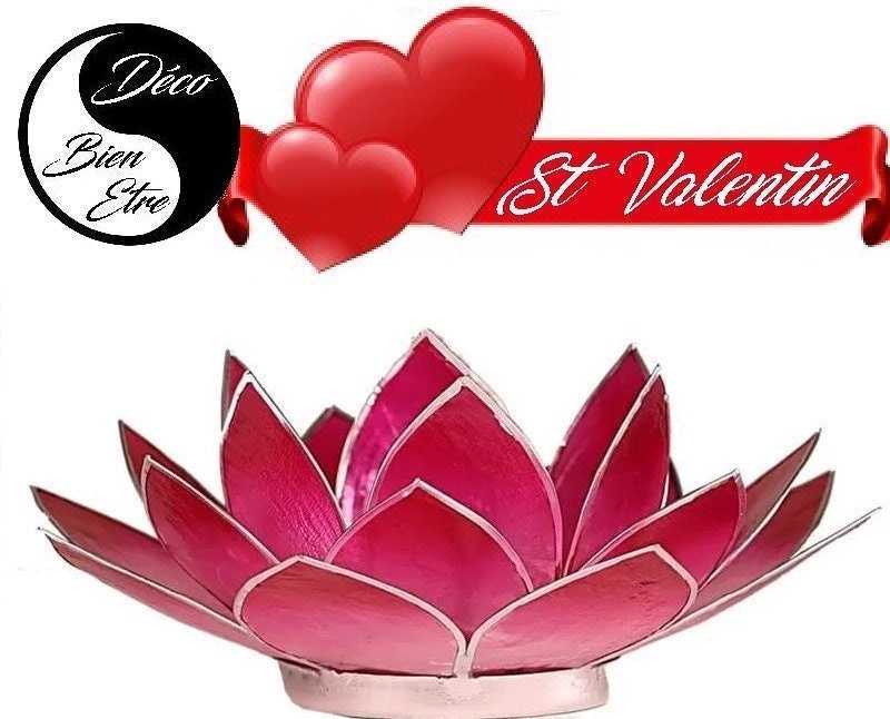 Photophore Fleur de Lotus Offre St Valentin Sculptée à Base Coquilles Capiz Couleur Fuchsia avec Bor