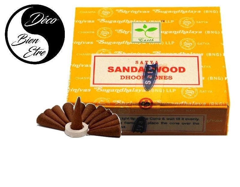 Bois de Santal 12 Cones Encens Satya + Porte Cone Fourni Pour Séances Méditation , Relaxation, Yoga 