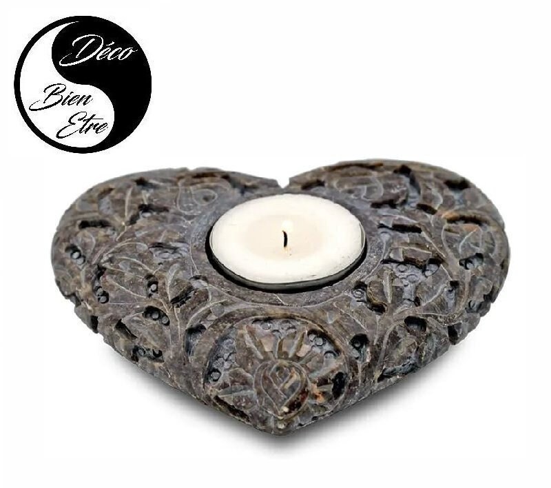 Photophore Coeur | Double Usage avec Porte Encens en Bâton Pierre Ollaire Grise 540Gr