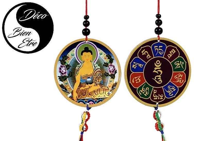 1 Suspension Bouddha et Dorje avec Motifs Recto Verso Pour Porte, Fenetre ou Retroviseur Auto