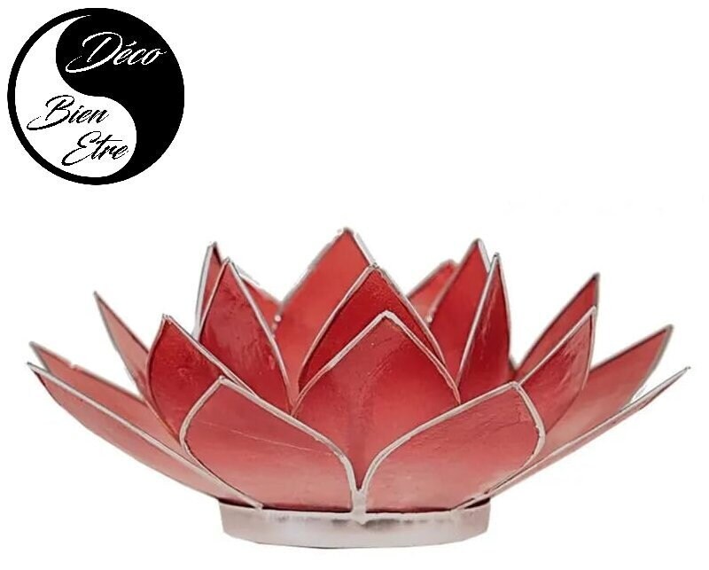 Photophore Fleur de Lotus Sculptée à Base Coquilles Capiz Couleur Rouge avec Bordures Dorées