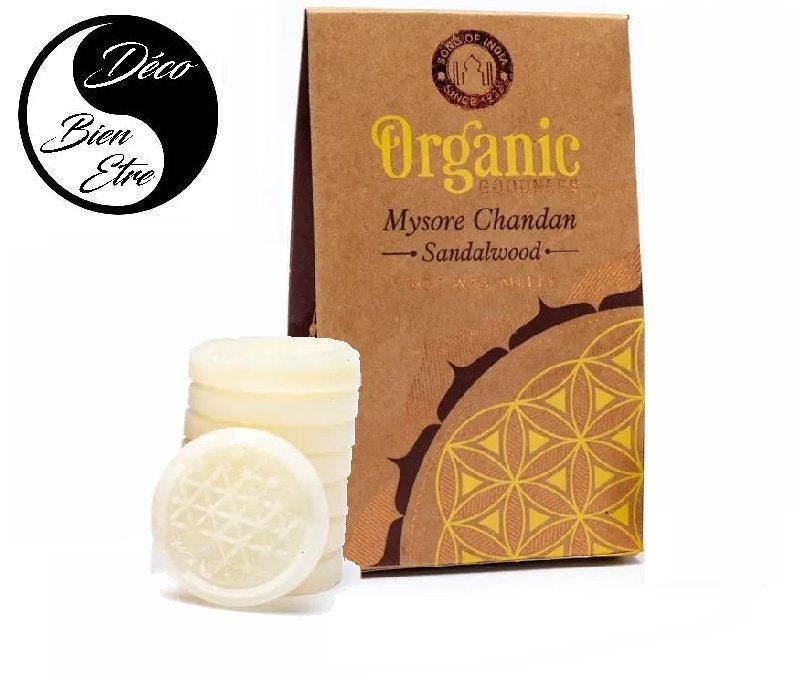 6 Fondants Ronds à Symbole Fleur de Vie en Cire Soja Naturelle Parfum Bois Santal 60Gr