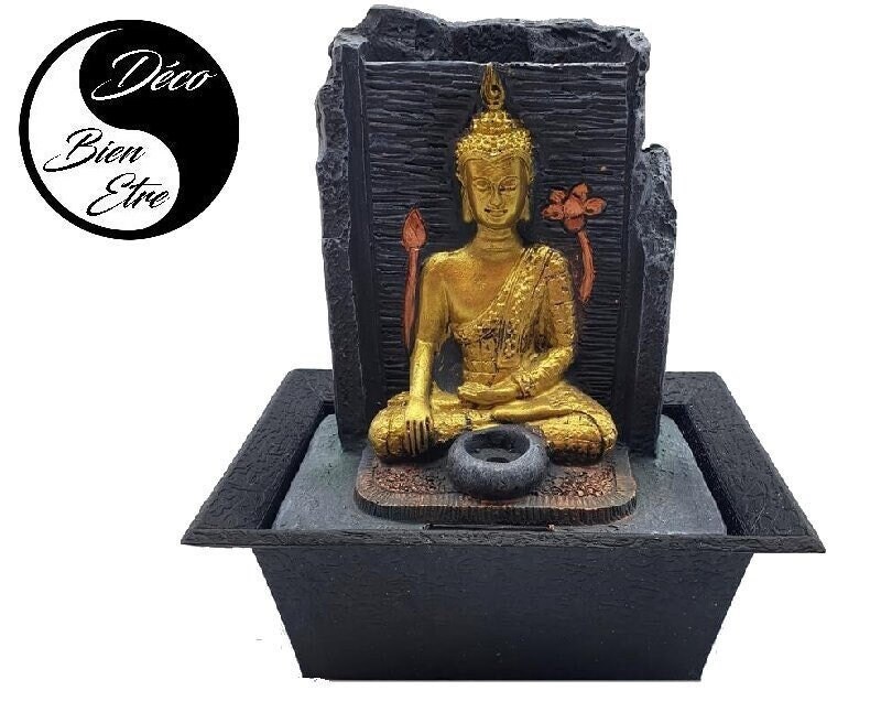 Fontaine Statue Bouddha Thai Doré avec Bol à Led | 22cm Haut.