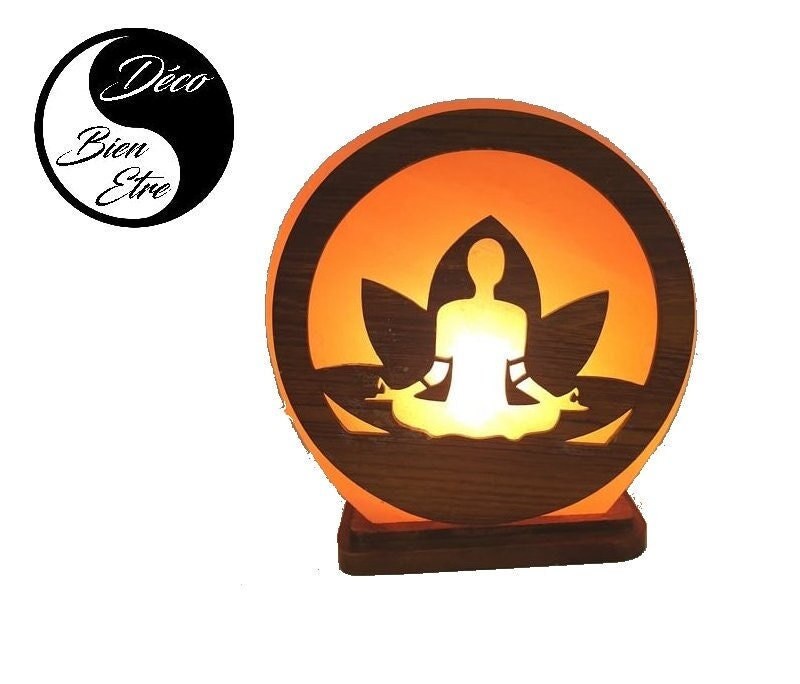 Lampe de Sel Himalaya +/ - 5Kg Pour Le Salon | ou Chevet avec Motif en Bois Bouddha Méditation | 3 M
