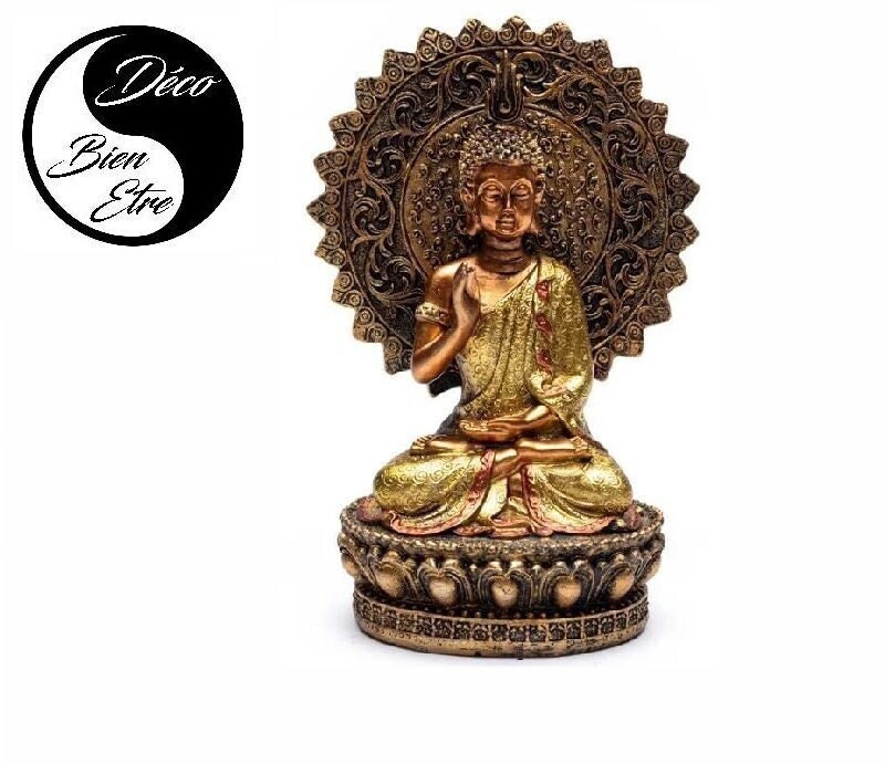 statue Bouddha de La Réassurance avec Aura et Trône 370Gr Pour Une Deco Originale Apaisante