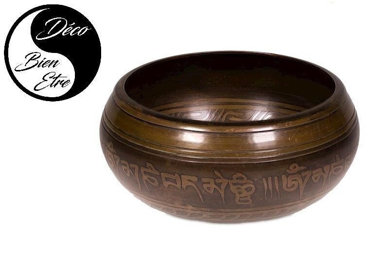 Bol Chantant Tibétain Gravé Tara avec Son Maillet en Bois Pour Séances de Yoga, Méditation, Relaxati