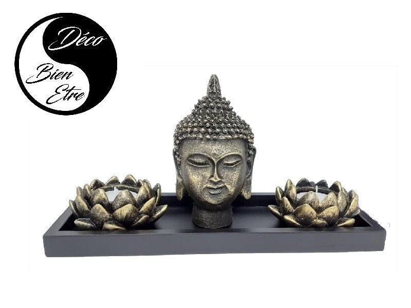 Tête de Bouddha avec Compartiment 2 Bougies, Galets, Pour Composition d'un Espace Zen