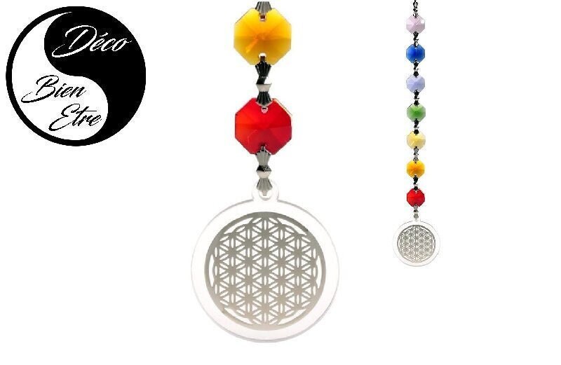 Suspension Feng Shui Aux Couleurs Des 7 Chakras avec Médaillon Au Motif Fleur de Vie et Son Coffret