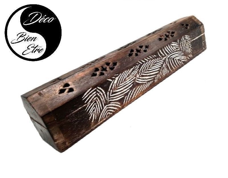 Coffret Porte Encens en Bois avec Motifs Feuilles Sculptees Pour Stick et Cone | Ouverture sur Le De