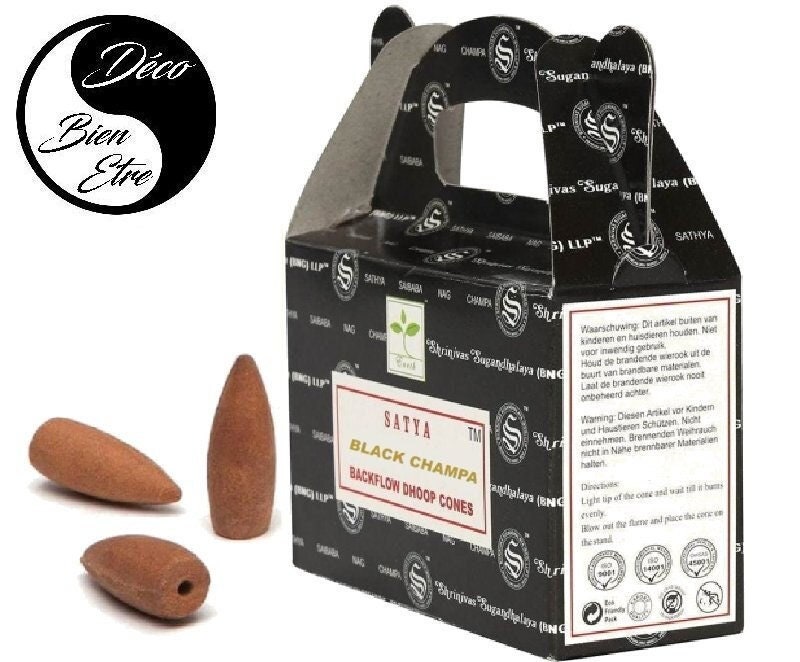 Black Champa Satya Lot 24 Cônes Encens à Refoulement Pour Séances Méditation , Relaxation, Yoga ou C