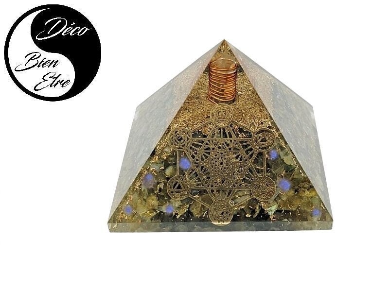 Pyramide en Orgonite Labradorite avec Motif Cube de Métatron Pour Équilibrer Énergies Dans Habitatio