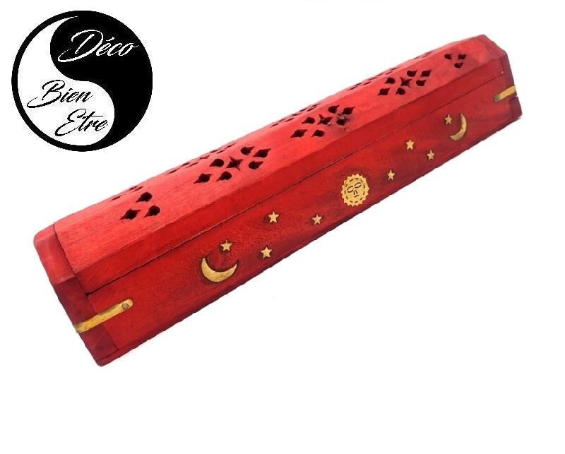 Coffret Rouge Porte Encens en Bois avec Motifs Pour Stick et Cone | Ouverture sur Le Dessus