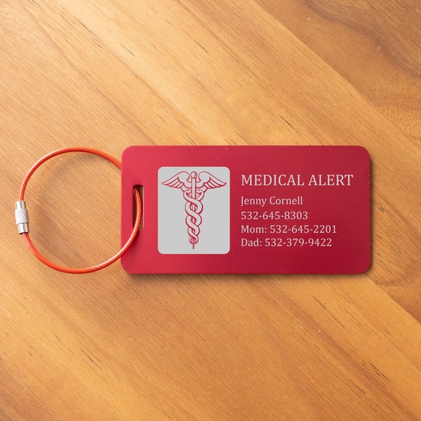 Medical Alert Personalized Engraved Metal Tag - Medical identifier, Medical tag, Allergy alert, emergency contact, Backpack Tag, Luggage Tag