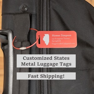 Personalized US States Metal Luggage Tag, Engraved Aluminum Tag - Travel Gift, Bag ID, Custom Images, Logos, Suitcase tag, Backpack tag