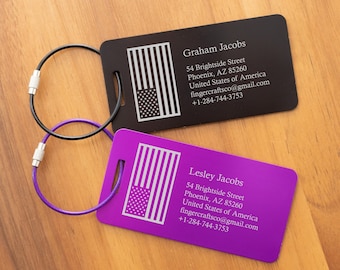 Etiqueta de equipaje personalizada con la bandera de EE. UU.: regalo de viaje de aluminio grabado