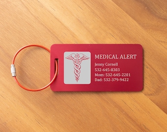 Medical Alert Personalized Engraved Metal Tag - Medical identifier, Medical tag, Allergy alert, emergency contact, Backpack Tag, Luggage Tag