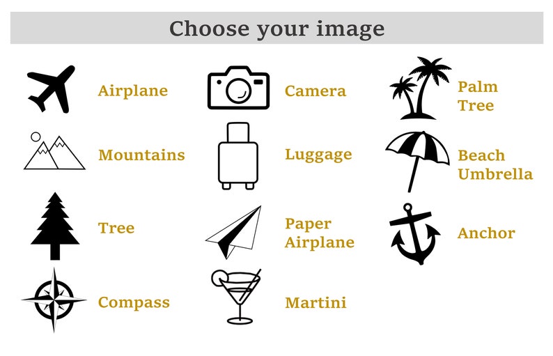 May include: A grid of black and white icons representing various travel and vacation themes. The icons include an airplane, camera, palm tree, mountains, luggage, beach umbrella, tree, paper airplane, anchor, compass, and martini glass.