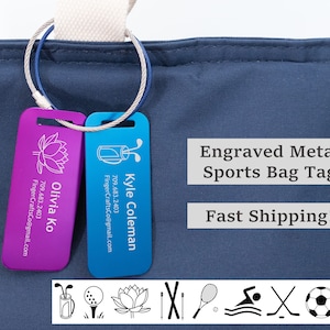 Sports Bag Metal Luggage Tag Personalized, Custom Bag ID, Golf Hockey Basketball Swim Yoga Soccer Ski Tennis, Gym Bag Duffel Bag