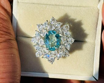 Oval Aquamarine Ring: 925 Sterling Silver, Lab Created Stone