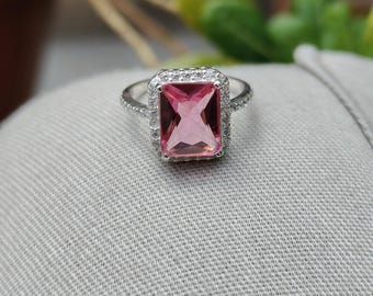 Princess Cut Pink Tourmaline Ring: Sterling Silver Promise Ring