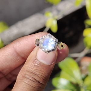 Natural Rainbow Moonstone Ring: Round Sterling Silver Birthstone Jewelry