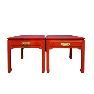 Chinoiserie Nightstand Set: Vintage Ming End Tables, Heritage Red Lacquer