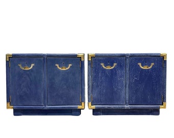 Cerused Blue Drexel Campaign Tables: Vintage Nightstands with Brass ON HOLD