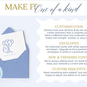 The image is a promotional graphic for a company that offers various customization options for notepads and stationery items. It features a blue envelope with a monogrammed design, a note card, and text descriptions of the customization options available.