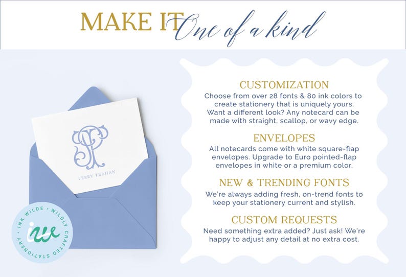 The image is a promotional graphic for a company that offers various customization options for notepads and stationery items. It features a blue envelope with a monogrammed design, a note card, and text descriptions of the customization options available.