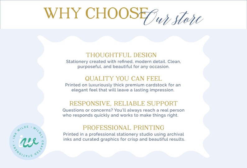 The image is a promotional image for a store that offers various services, including thoughtful design, quality, responsive, reliable support, and professional printing.