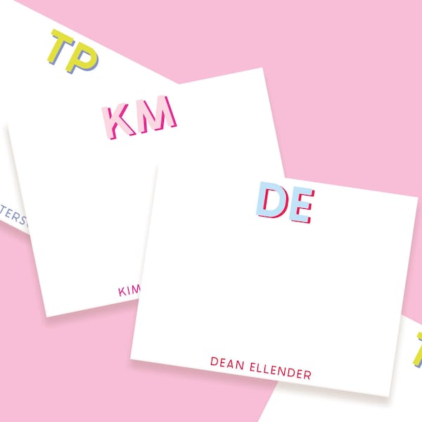 Personalized Notecards with Initials, Modern Shadow Font Stationery, Custom Color Monogram Cards, College & Teen Gift, Sorority Notecards