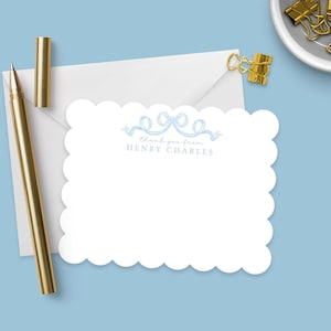 Scalloped baby boy nursery notecards - Personalized note cards with envelopes- Elegant and unique Customized baby thank you notecards