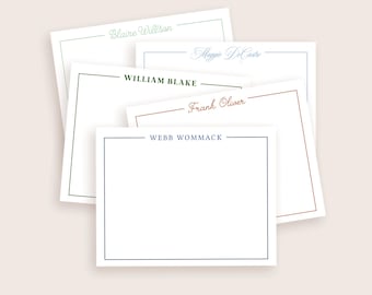 May include: A stack of five white rectangular stationery cards, each featuring a colored border and a personalized name printed in the center. The names include Blaire Willson, Maggie DeCustre, WILLIAM BLAKE, Frank Oliver, and WEBB WOMMACK.