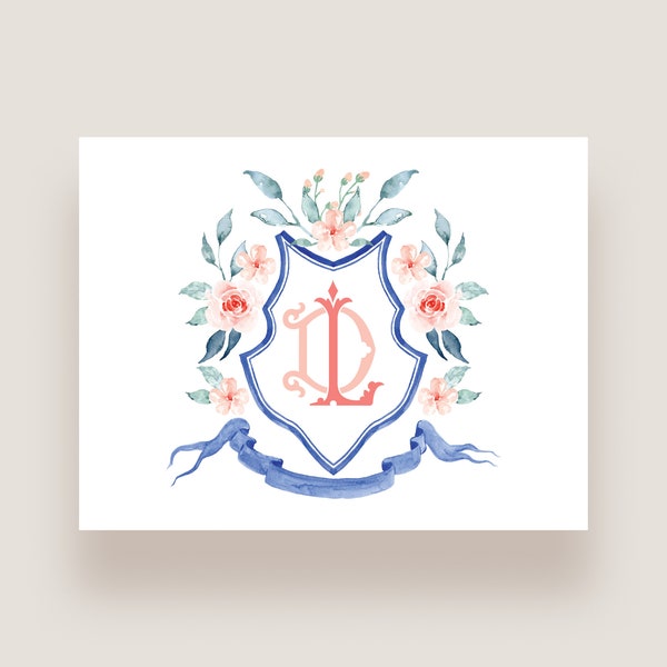 Personalized Crest Note Cards with Envelopes - Custom Monogram Stationery Set for Every Occasion - Florals and Flowers Design