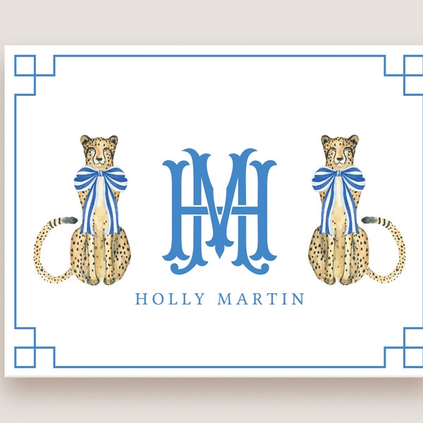 Chinoiserie stationery, Cheetah Chinoiserie notecards, Monogram notecards, Custom stationery, Personalized stationery