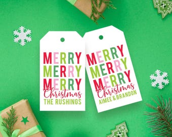 Custom Christmas Gift Tags, Merry Christmas gift tags, Merry Merry Merry tags, Colorful Christmas tags, Family gift tag, Custom gift tag
