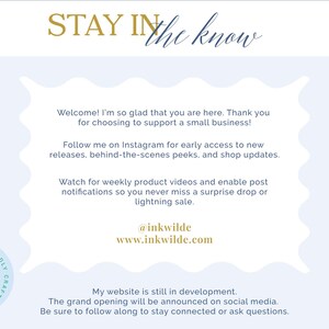 The image is a welcome message for visitors to a small business, inviting them to follow the business on Instagram for updates and product videos. The message also mentions that the website is still in development and the grand opening will be announced on social media. The message encourages visitors to follow along and ask questions.