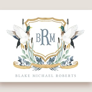 Personalized Mallard Duck Watercolor Crest Notecards - Custom Hunting and Duck Themed Stationery with Envelopes
