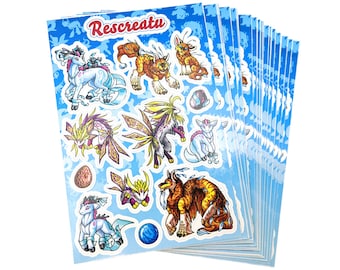 Sticker Sheet: Mythicals | Rescreatu Virtual Pet Site Fantasy Creatures Animals Cute Fun Liyure Tiger Omni Kioka Deer Egg Vinyl Decorative