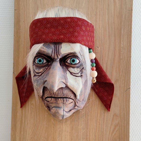Decorative hand-carved wooden mask, wooden wall decoration, unique piece.