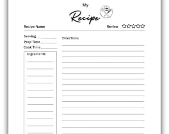 Może przedstawiać: Biała karta z przepisem z tytułem "My Recipe" w kursywie. Karta zawiera sekcje na nazwę przepisu, porcję, czas przygotowania, czas gotowania, składniki, instrukcje i notatki. Mała ilustracja czapki kucharskiej i przyborów znajduje się w prawym górnym rogu.