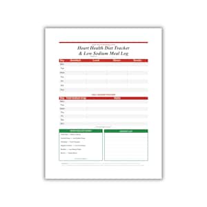 May include: A printed Heart Health Diet Tracker and Low Sodium Meal Log document. The page features a weekly meal planner table, a daily sodium tracker, a section for heart healthy swaps, and a grocery list, all organised with red and green headers.