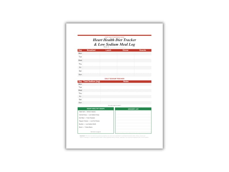 May include: A printed Heart Health Diet Tracker and Low Sodium Meal Log document. The page features a weekly meal planner table, a daily sodium tracker, a section for heart healthy swaps, and a grocery list, all organised with red and green headers.