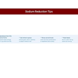 May include: An informational graphic titled Sodium Reduction Tips with a dark red header. It lists four tips: cook at home, use herbs and spices, rinse canned foods, and read labels, providing specific advice for each to manage sodium intake.