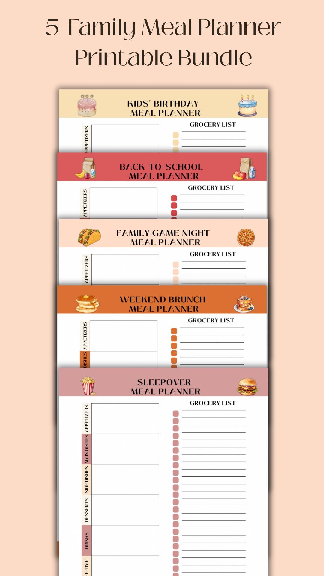 Family Meal Planner Printable Bundle: Birthday, Brunch, Sleepover ...
