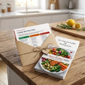 May include: A brown kraft paper envelope tied with twine and a heart-shaped tag, containing a Cardiac Diet Food Chart. Next to it is a cookbook titled The Heart-Healthy Table, featuring a photograph of a plate with salmon and vegetables.