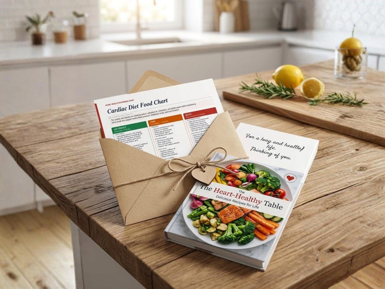 May include: A brown kraft paper envelope tied with twine and a heart-shaped tag, containing a Cardiac Diet Food Chart. Next to it is a cookbook titled The Heart-Healthy Table, featuring a photograph of a plate with salmon and vegetables.