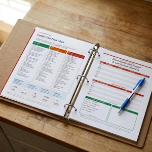 May include: A three-ring binder containing a Cardiac Diet Food Chart and a Heart Health Diet Tracker & Low Sodium Meal Log. The pages feature tables with green, orange, and red headers, and a blue ballpoint pen rests on the open meal log page.