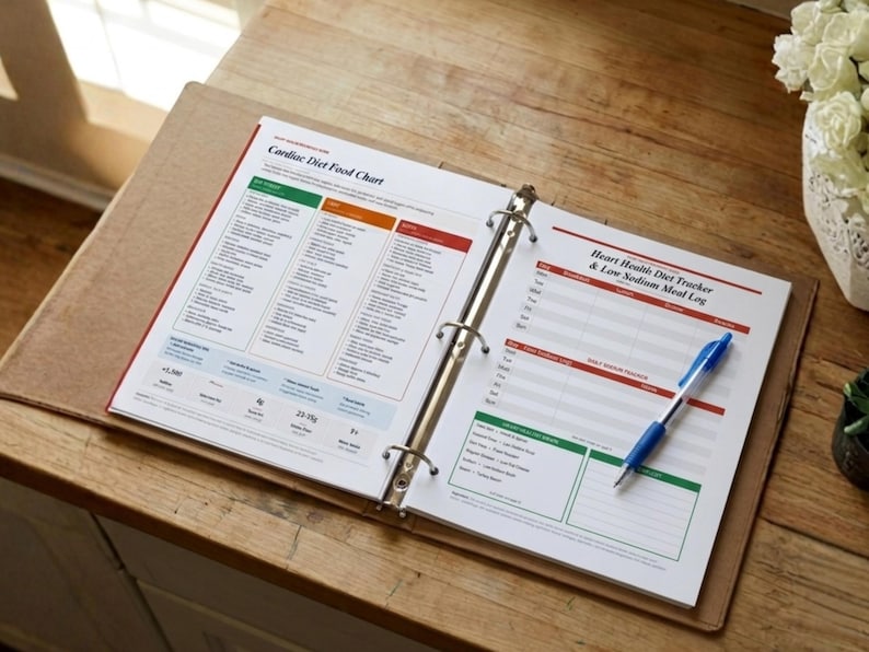 May include: A three-ring binder containing a Cardiac Diet Food Chart and a Heart Health Diet Tracker & Low Sodium Meal Log. The pages feature tables with green, orange, and red headers, and a blue ballpoint pen rests on the open meal log page.